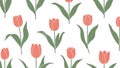 Seamless Pattern of Coral Tulips and Green Leaves on White Background Royalty Free Stock Photo