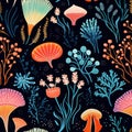seamless pattern of corals and algae on a dark background. Seabed plants and ocean shells repeat the texture of fabric, covers,