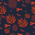 Seamless pattern with corals, lobsters and algae. Vector graphics Royalty Free Stock Photo