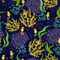 Seamless pattern with corals, seahorses and algae. Vector graphics Royalty Free Stock Photo