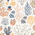 Seamless pattern with corals and seaweed or algae on white background. Backdrop with exotic seabed species, underwater Royalty Free Stock Photo