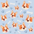 The seamless pattern of corgidog and white bone footsteps. the corgi smiling it look have happyness. the pattern backgroung of Royalty Free Stock Photo