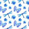 Seamless pattern with cornflowers, butterfly and dragonfly. Blue beautiful flowers. Hand drawn watercolor illustration. Texture Royalty Free Stock Photo