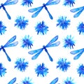 Seamless pattern with cornflowers and dragonfly. Blue beautiful flowers. Hand drawn watercolor illustration. Texture for print,