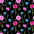 Seamless pattern of cornflowers and poppies, watercolor painting on a black background