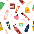 Seamless pattern with cosmetics: bottles, jars, shampoos, gels and creams for care. Royalty Free Stock Photo