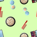 A seamless pattern of cosmetics with lipstick, nail polish, mascara, hairbrush, face cream, eye shadow, perfume, hair dryer