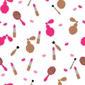 Seamless, pattern. Cosmetics and women`s accessories in pink and beige color on a white background. Flat vector. Royalty Free Stock Photo