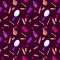 Seamless pattern: cosmetics and women`s accessories on a purple background. Royalty Free Stock Photo