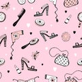 Seamless pattern with cosmetics and women`s accessories. Vector Royalty Free Stock Photo