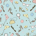 Seamless pattern with cosmetics and women`s accessories. Vector