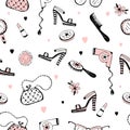 Seamless pattern with cosmetics and women`s accessories. Vector Royalty Free Stock Photo