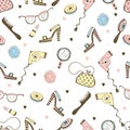 Seamless pattern with cosmetics and women`s accessories. Vector Royalty Free Stock Photo