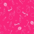 Seamless pattern: cosmetics and women`s accessories with a white outline on a pink background. Flat vector. Royalty Free Stock Photo