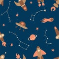 Seamless pattern of cosmic elements. Rockets, spaceships, planets, comets, zodiacs and stars on dark sky