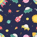 Seamless pattern with cosmic elements. Ship, rocket, sun, constellation, galaxy, asteroid. Colorful and bright colors