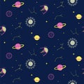 Seamless pattern with cosmic objects planets and stars. Deep blue kids cosmos pattern.