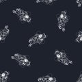 Seamless pattern with cosmonaut hand drawn with white lines on black background. Backdrop with astronaut in outer space