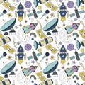 Seamless pattern with cosmos doodle illustrations. Royalty Free Stock Photo