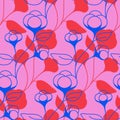 Seamless pattern cotton boll on a stalk pink blue red color. Floral organic natural pattern