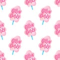 Cotton candyseamless pattern. Text lettering. Hand drawn vector illustration. Royalty Free Stock Photo