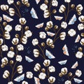 Seamless pattern with cotton plant and moths Royalty Free Stock Photo