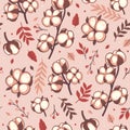 Seamless pattern with cotton twigs, leaves, berries. Vector graphics Royalty Free Stock Photo