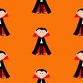 Seamless Pattern Count Dracula. Cute cartoon vampire character with fangs. Happy Halloween texture. Flat design. Orange background Royalty Free Stock Photo
