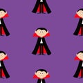 Seamless Pattern Count Dracula. Cute cartoon vampire character with fangs. Happy Halloween texture. Flat design. Violet background Royalty Free Stock Photo