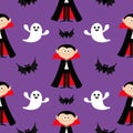 Seamless Pattern Count Dracula, flying bat, ghost spirit . Cute cartoon vampire character with fangs. Happy Halloween texture. Fla Royalty Free Stock Photo