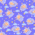 Seamless pattern of counting cute sheep to fall asleep. Cartoon happy jumping sheep with stars and clouds for baby boy Royalty Free Stock Photo