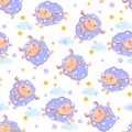 Seamless pattern of counting cute sheep to fall asleep. Cartoon happy jumping sheep with stars and clouds for baby Royalty Free Stock Photo