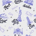 Seamless pattern. Countries and cities. Lettering. Sketches. Landmarks. Travel. Italy, Rome, America, Sweden, India, Egypt. Vector