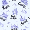 Seamless pattern. Countries and cities. Lettering. Sketches. Landmarks. Travel. Russia Greece Turkey Italy Germany. Vector.