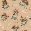 Seamless pattern. Countries and cities. Lettering. Sketches. Landmarks. Travel. Russia, Greece, Turkey, Italy, Germany. Vector.