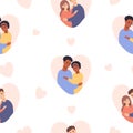 Seamless pattern with couple in love. Happy black and fair-skinned enamored people on white background with hearts