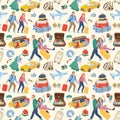 Seamless pattern. Couples traveling together with luggage. Travel concept. Vector cartoon illustration