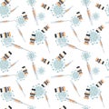 Seamless pattern Covid-19 virus syringe injection tool and vaccine bottles with orange color injection Royalty Free Stock Photo