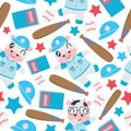 Seamless pattern of cow boy and baseball toys cartoon illustration for kid wrapping paper