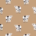 Seamless pattern with cow and calf coated in black and white patches. Backdrop with cute cartoon animals on brown
