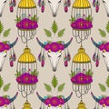 Seamless pattern with cow skull and bird cage Royalty Free Stock Photo
