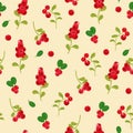 Seamless pattern with cowberry berries and leaves. Vector graphics Royalty Free Stock Photo