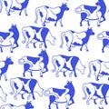 Seamless pattern with cows. Blue cows. Vector graphics.