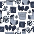 Seamless pattern of cozy hygge things, warm sock and potted plant, winter cup and snowflakes on a white background