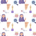 Seamless pattern cozy movie watching, with pizza, popcorn