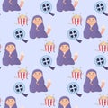 Seamless pattern cozy movie watching, with pizza, popcorn