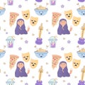 Seamless pattern cozy movie watching, with pizza, popcorn