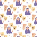 Seamless pattern cozy movie watching, with pizza, popcorn