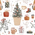 Seamless pattern. A cozy winter ornament with mistletoe, mugs, cups of tea, Christmas tree branches, snowflakes, New