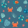 Seamless pattern. crab turtle blue background. Vector illustration. for cards, wallpaper, textile, fabric, kindergarten